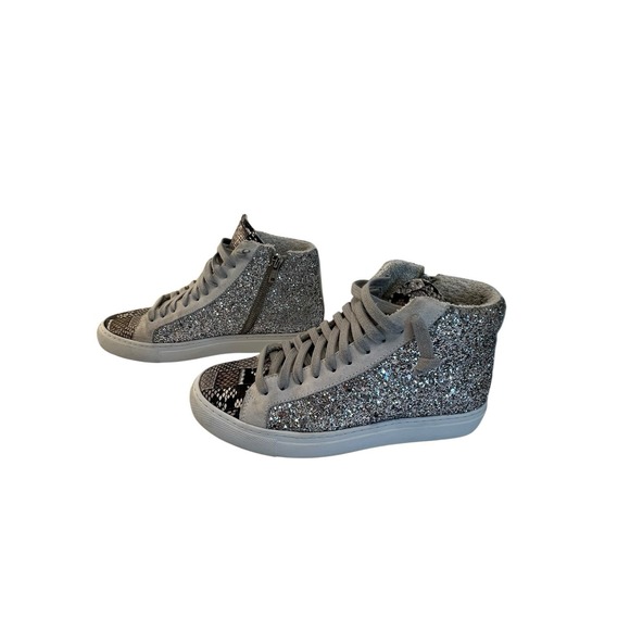 P448 Sneakers Womens 37 (US 6.5)‎ High Top Glitter Snakeskin Lace Skater Grunge - Picture 3 of 8